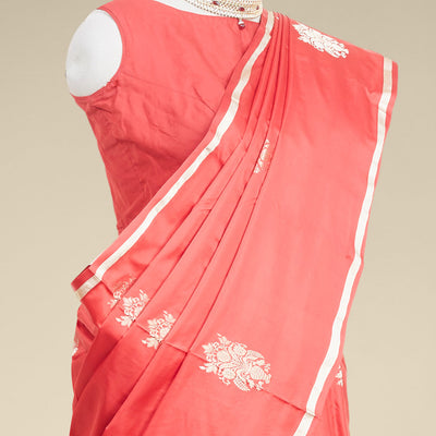 Red floral buttas kathan silk saree with self zari border