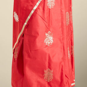 Red floral buttas kathan silk saree with self zari border