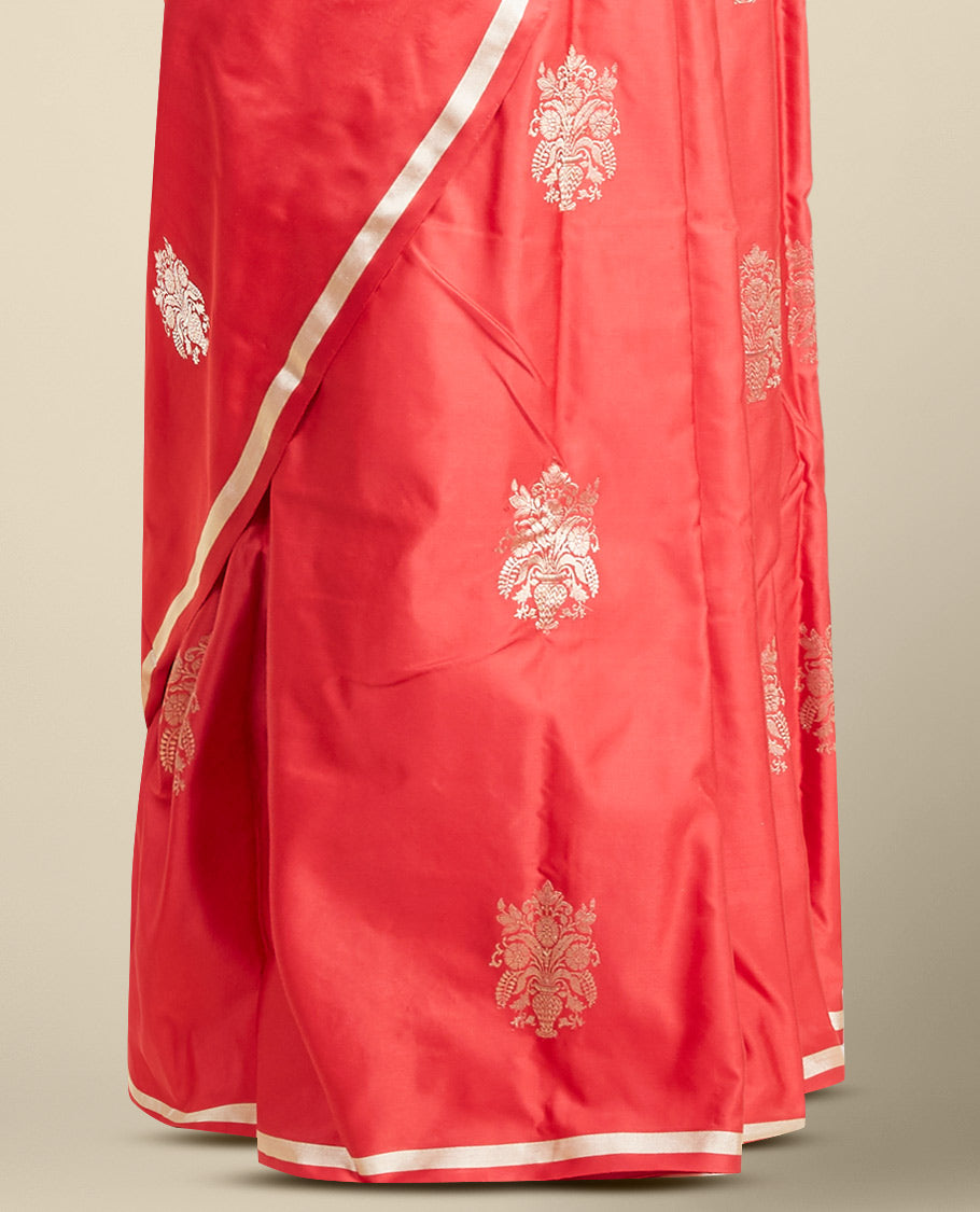 Red floral buttas kathan silk saree with self zari border