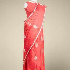 Red floral buttas kathan silk saree with self zari border