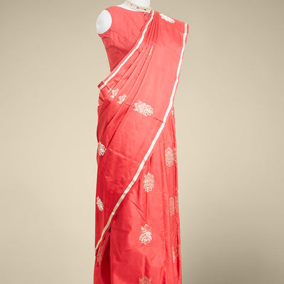 Red floral buttas kathan silk saree with self zari border