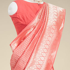 Red striped design banaras silk saree with self intricate border