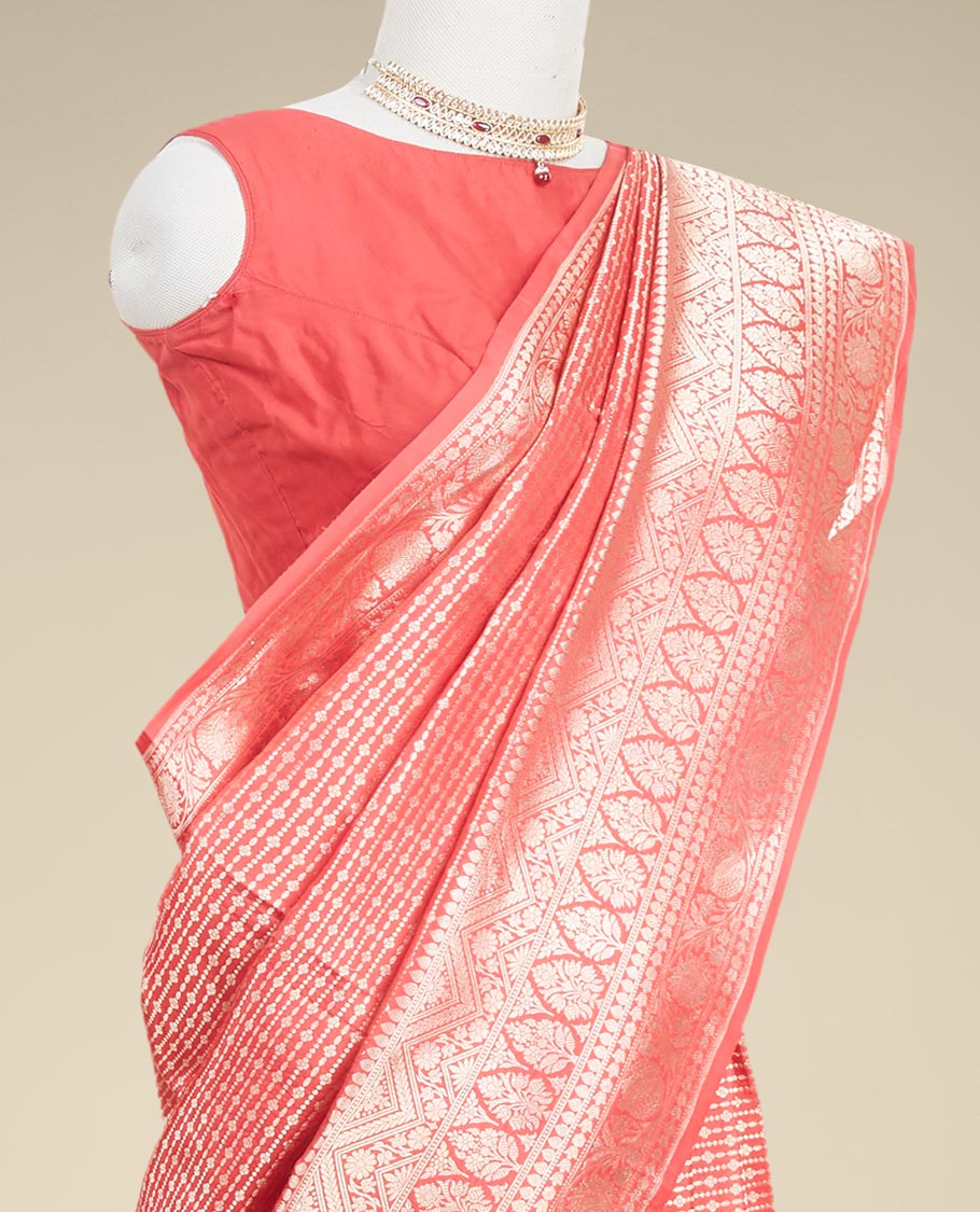 Red striped design banaras silk saree with self intricate border