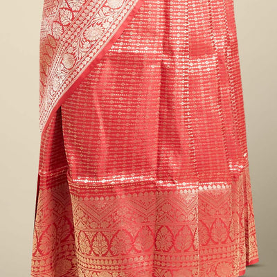 Red striped design banaras silk saree with self intricate border