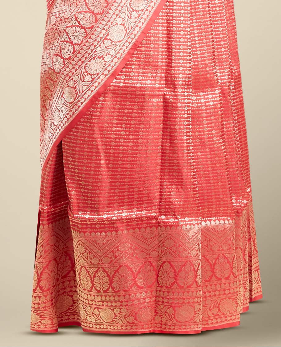 Red striped design banaras silk saree with self intricate border