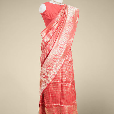 Red striped design banaras silk saree with self intricate border