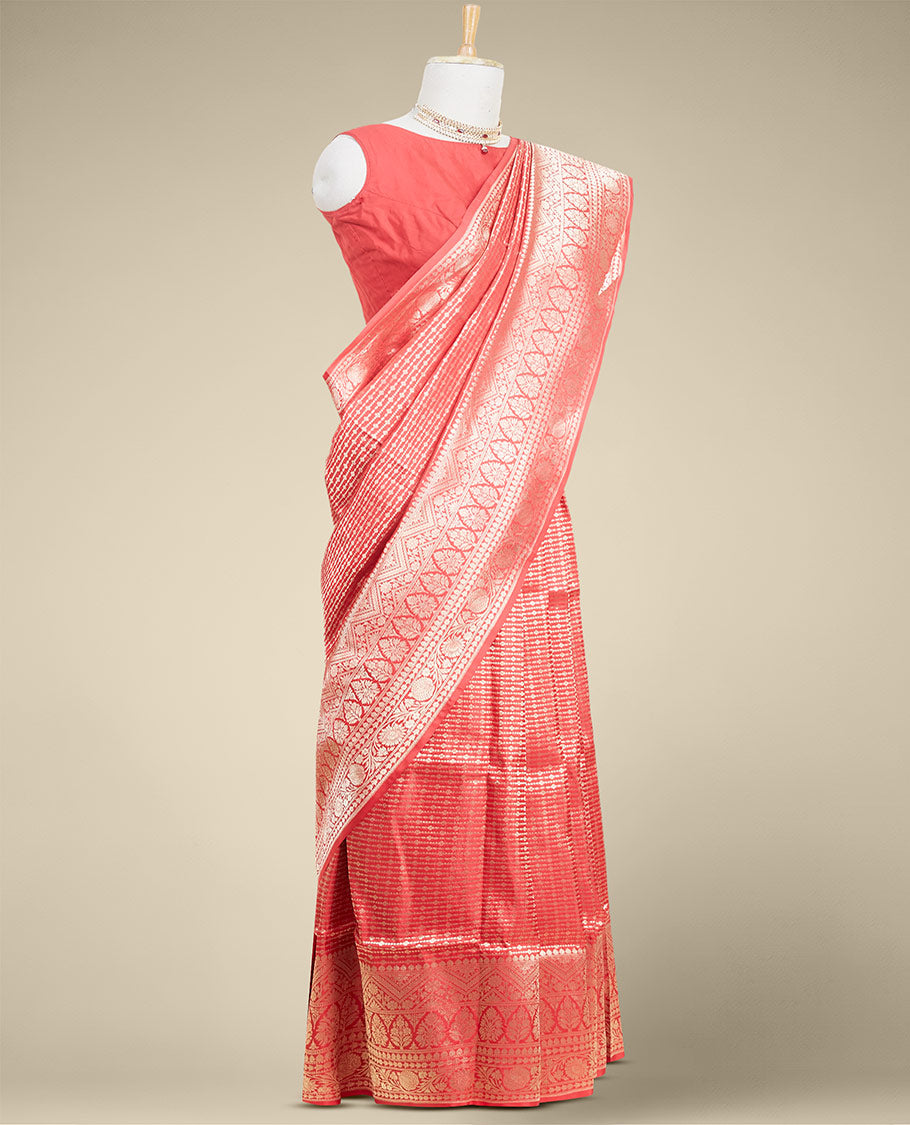 Red striped design banaras silk saree with self intricate border