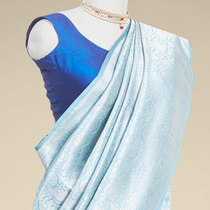 Blue floral jacquard banaras silk saree with self-intricate zari border
