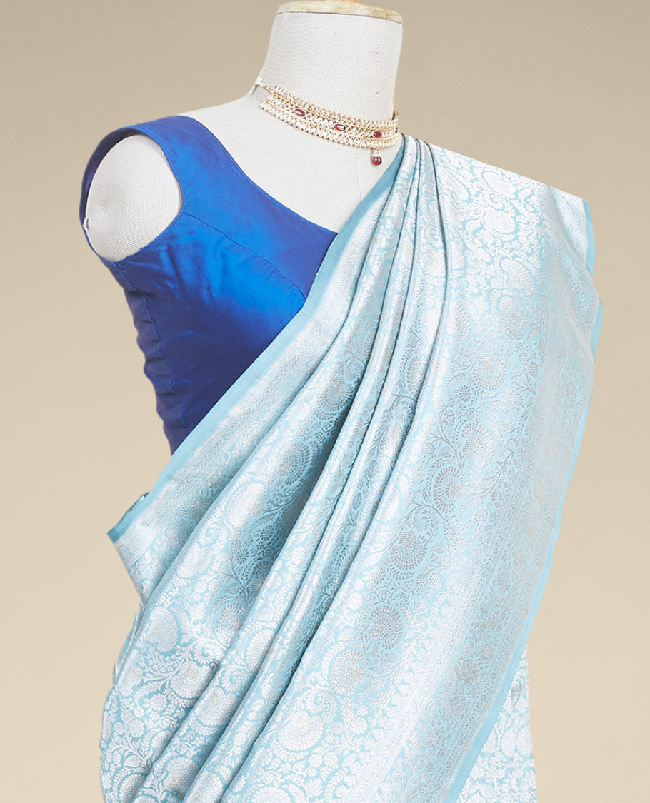 Blue floral jacquard banaras silk saree with self-intricate zari border