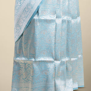Blue floral jacquard banaras silk saree with self-intricate zari border