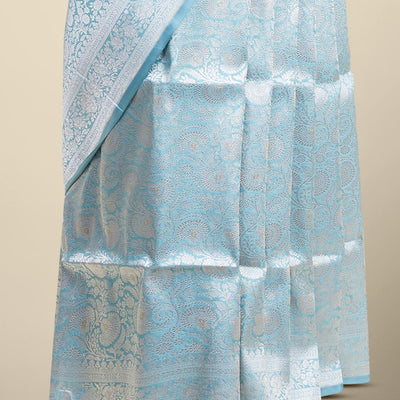 Blue floral jacquard banaras silk saree with self-intricate zari border