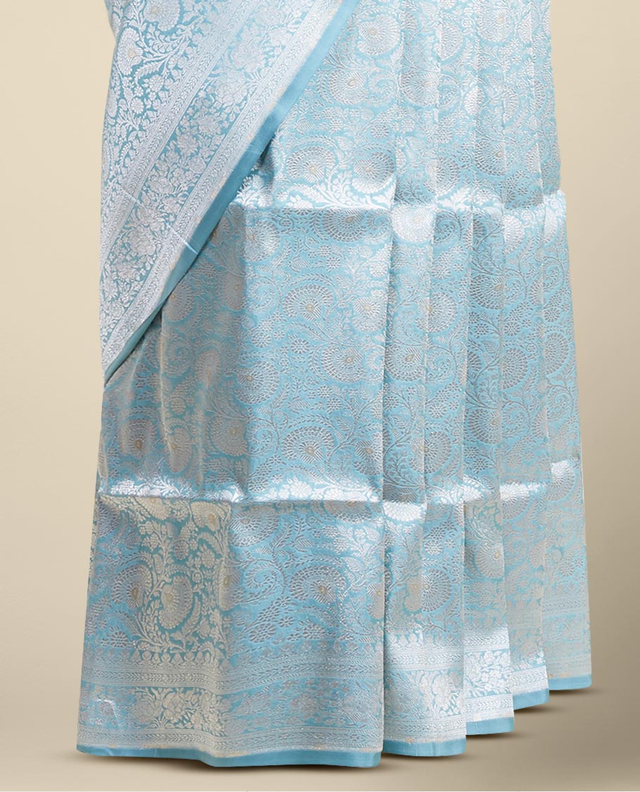 Blue floral jacquard banaras silk saree with self-intricate zari border