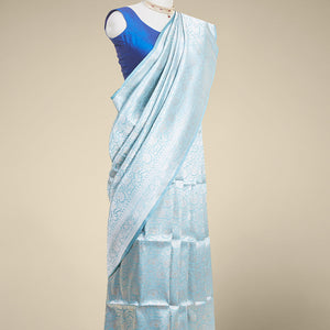 Blue floral jacquard banaras silk saree with self-intricate zari border
