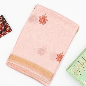 Light Peach Handwoven Linen Saree Printed With Floral Motifs