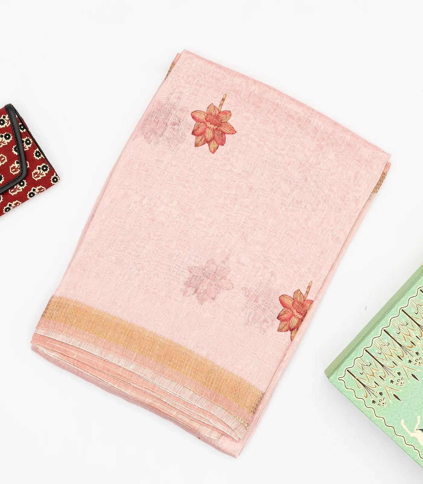 Light Peach Handwoven Linen Saree Printed With Floral Motifs