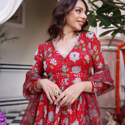 Red Dahlia Dreamscape Printed Chinon Suit Set