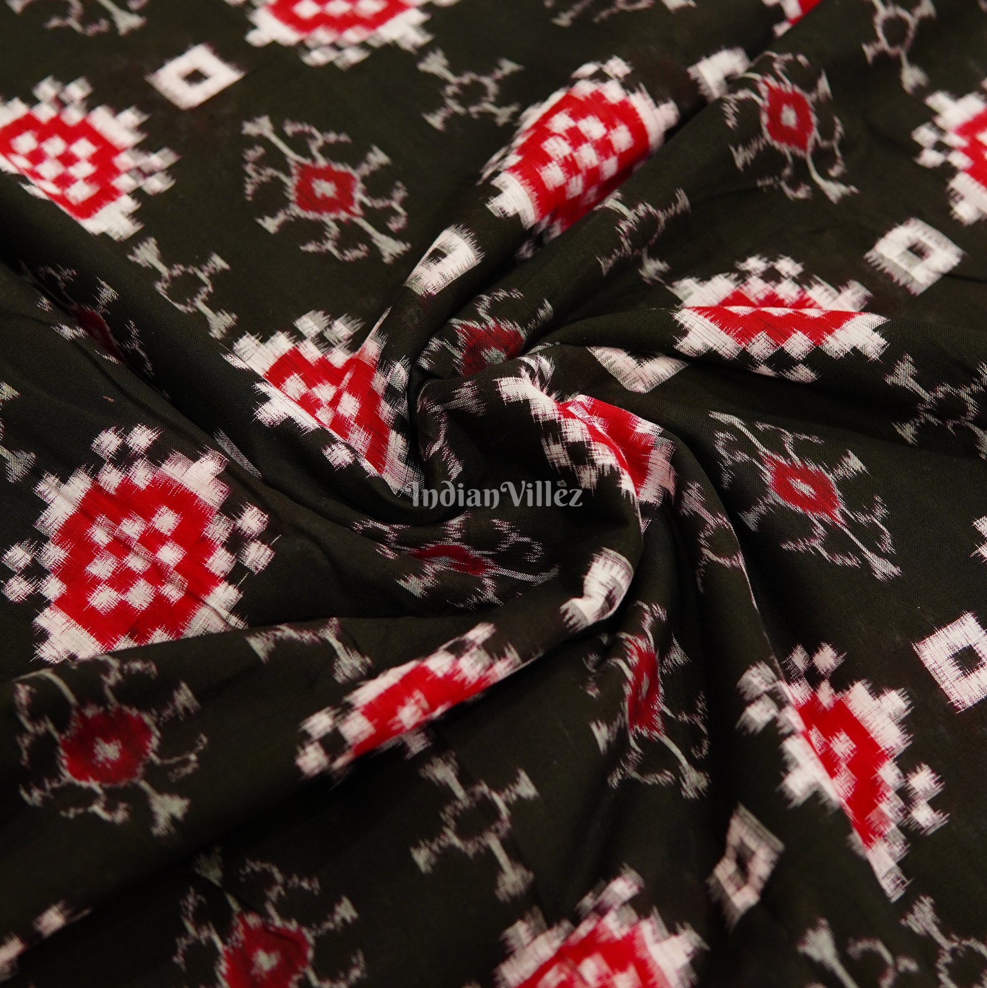 Black With Red  Pasapalli Theme Sambalpuri Ikat Cotton Fabric