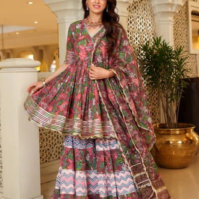 Multi Rose Handblock Sharara Set