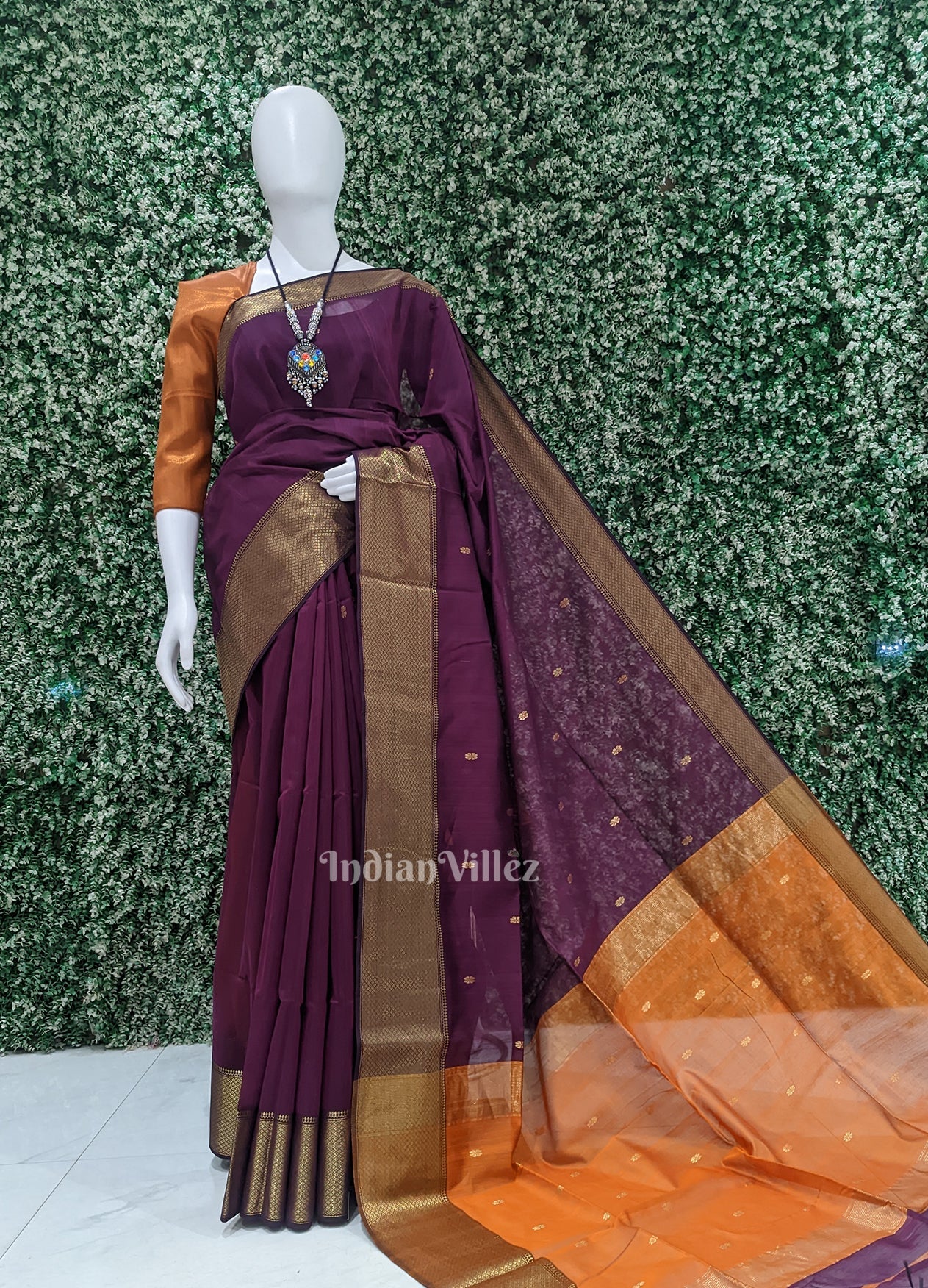 Purple Wine with Mustard Yellow Leaf Motif Pure Silk Cotton Maheshwari Saree