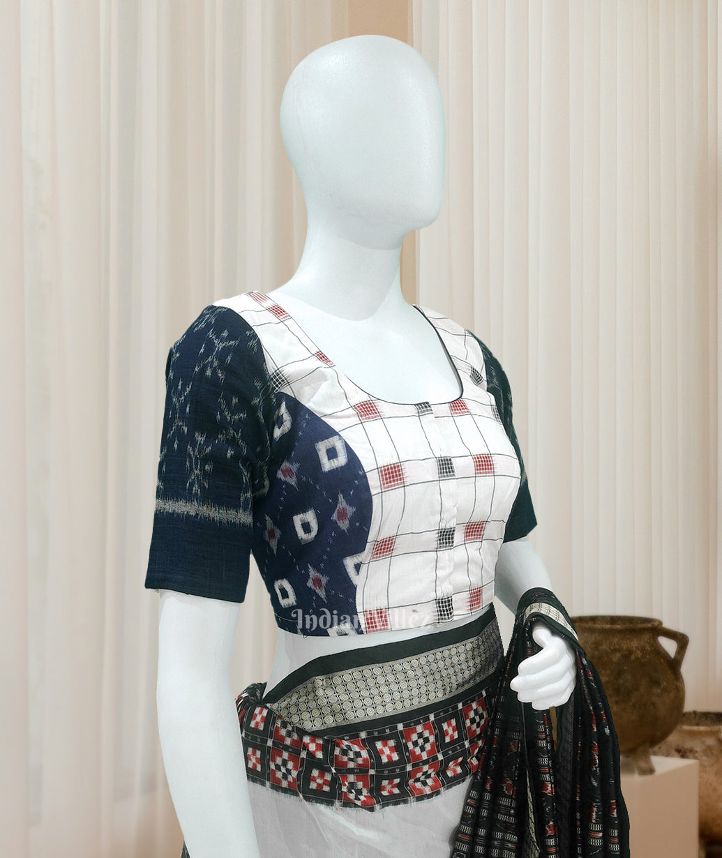 White Blue Odisha Ikat Sambalpuri Cotton Blouse