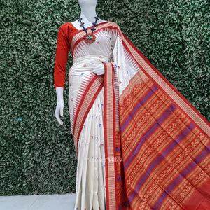 White Red Laxmi Pada Jhoti Design Bomkai  Sambalpuri Silk Saree