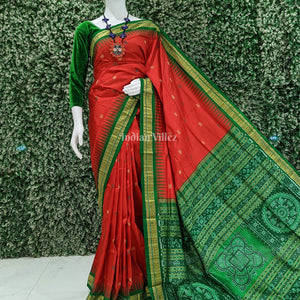 Red Green Bomkai With Tissue Border Odisha Ikat Silk Saree