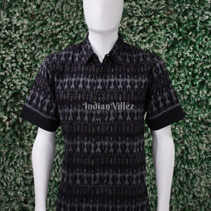 Black Odisha Ikat Cotton Half Sleeve Shirt for Men