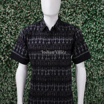 Black Odisha Ikat Cotton Half Sleeve Shirt for Men