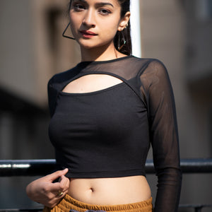Keyhole Mesh Trim Knit Top