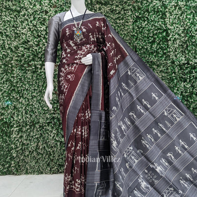 Coffee with Cement Gray Tribal Theme Ikat Contemporary Silk Saree