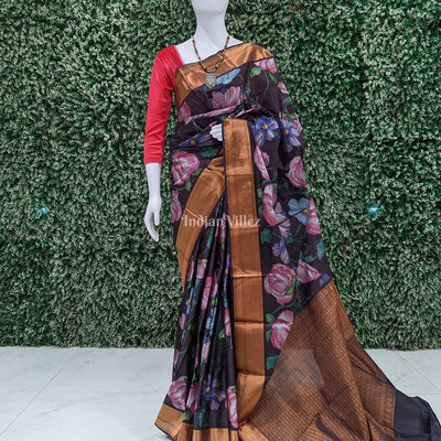 Black Pink Floral Digital Print Kanjivaram Silk Saree