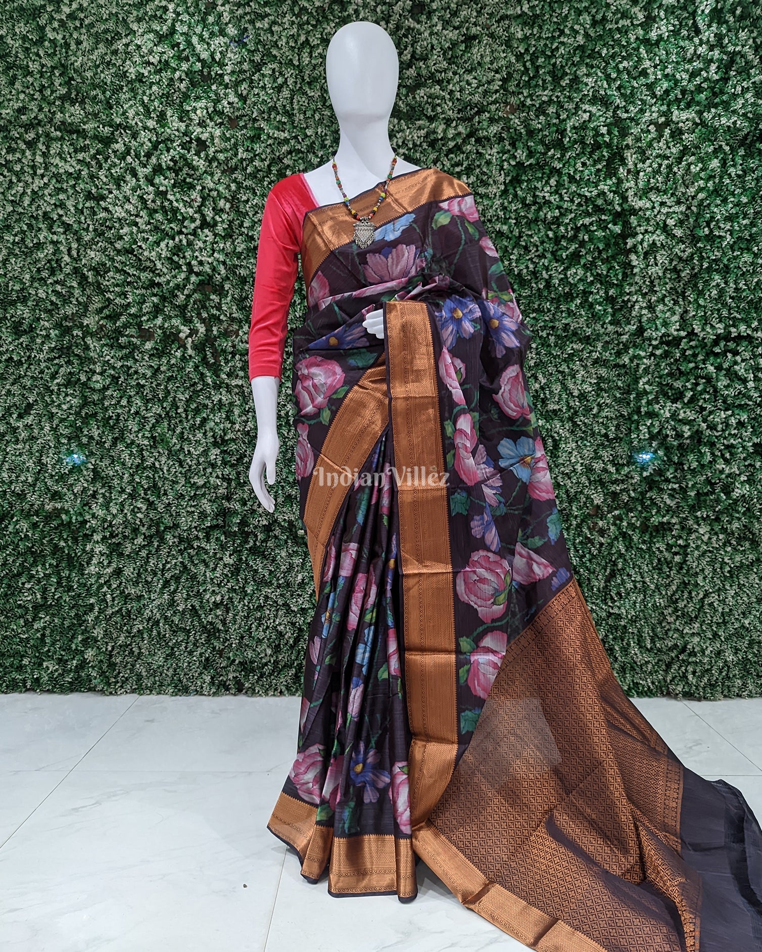 Black Pink Floral Digital Print Kanjivaram Silk Saree