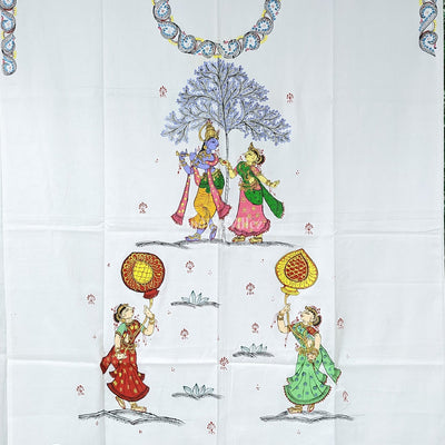 White Radha Krisha Pattachitra Kurti Cotton Dress Material (Pre Order)