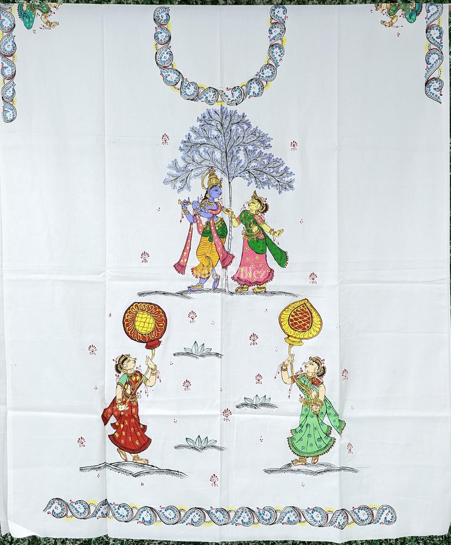 White Radha Krisha Pattachitra Kurti Cotton Dress Material (Pre Order)