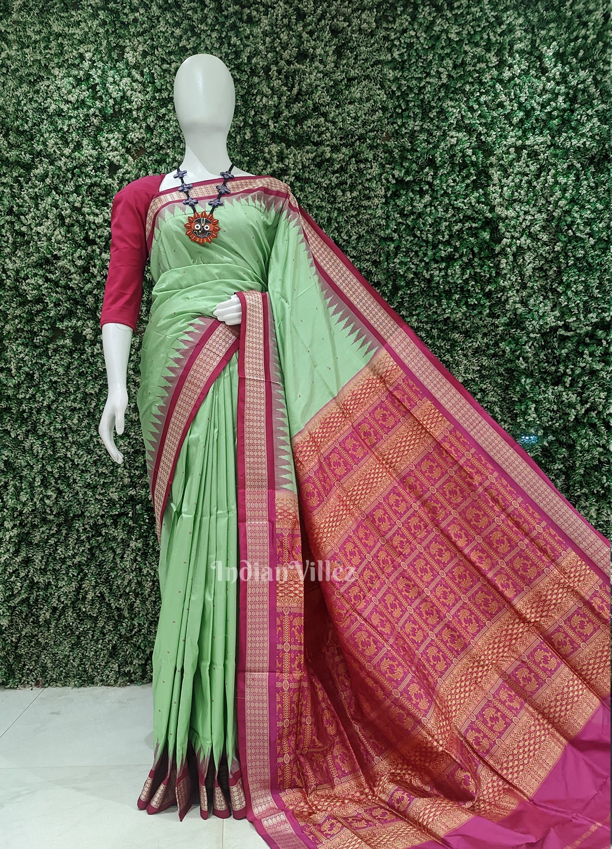Pista Green with Rani Pink Buti Design Bomkai Sambalpuri Silk Saree
