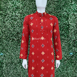 Red Pasapali Design Sambalpuri Ikat Cotton Kurta For Men