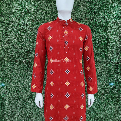 Red Pasapali Design Sambalpuri Ikat Cotton Kurta For Men