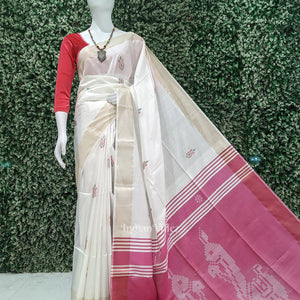 White Pink Pure Bishnupuri Silk Saree