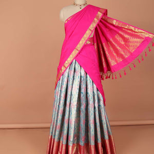Blue floral vine design art-silk half saree, contrast traditional zari border,zari design blouse & striped geometric dhavani