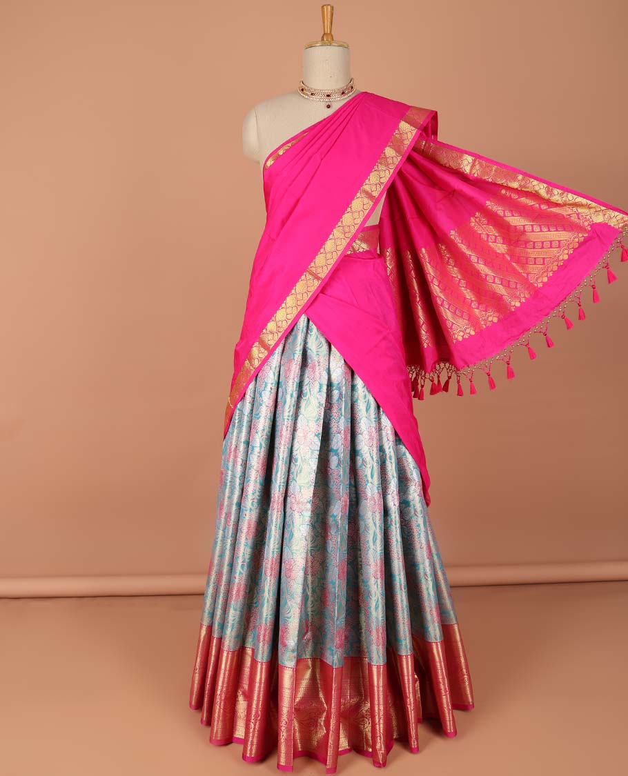 Blue floral vine design art-silk half saree, contrast traditional zari border,zari design blouse & striped geometric dhavani