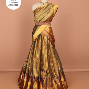 Brown buttas art silk half saree with contrast zari border, argyle pattern blouse & buttas with zari border dhavani