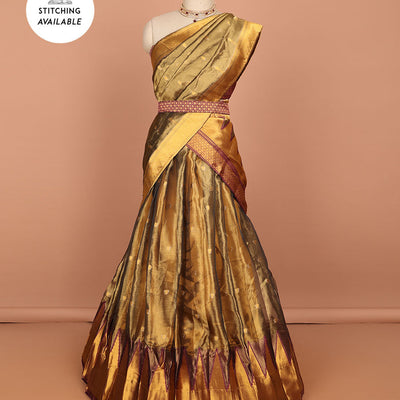 Brown buttas art silk half saree with contrast zari border, argyle pattern blouse & buttas with zari border dhavani