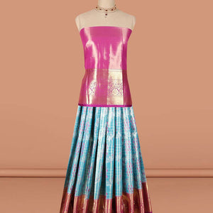 Blue checked with floral design art-silk half saree, contrast traditional zari border,zari design blouse & intricate dhavani