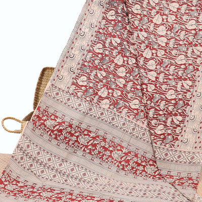 Red unique floral machine-printed kalamkari cotton saree, floral design border & floral & geometric pallu