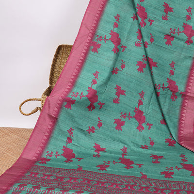 Green floral design semi-banaras tussar saree with contrast temple zari border & floral design pallu