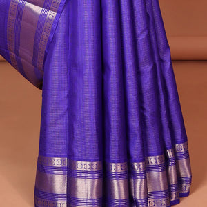 Blue checked silk saree with self traditional zari border & striped zari design pallu