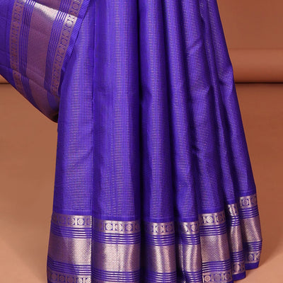 Blue checked silk saree with self traditional zari border & striped zari design pallu