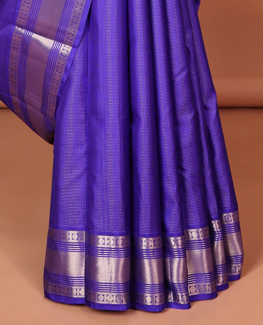 Blue checked silk saree with self traditional zari border & striped zari design pallu