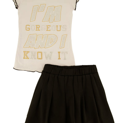 Little Girls Im Gorgeous 3D Graphic Tee and Pleated Skirt