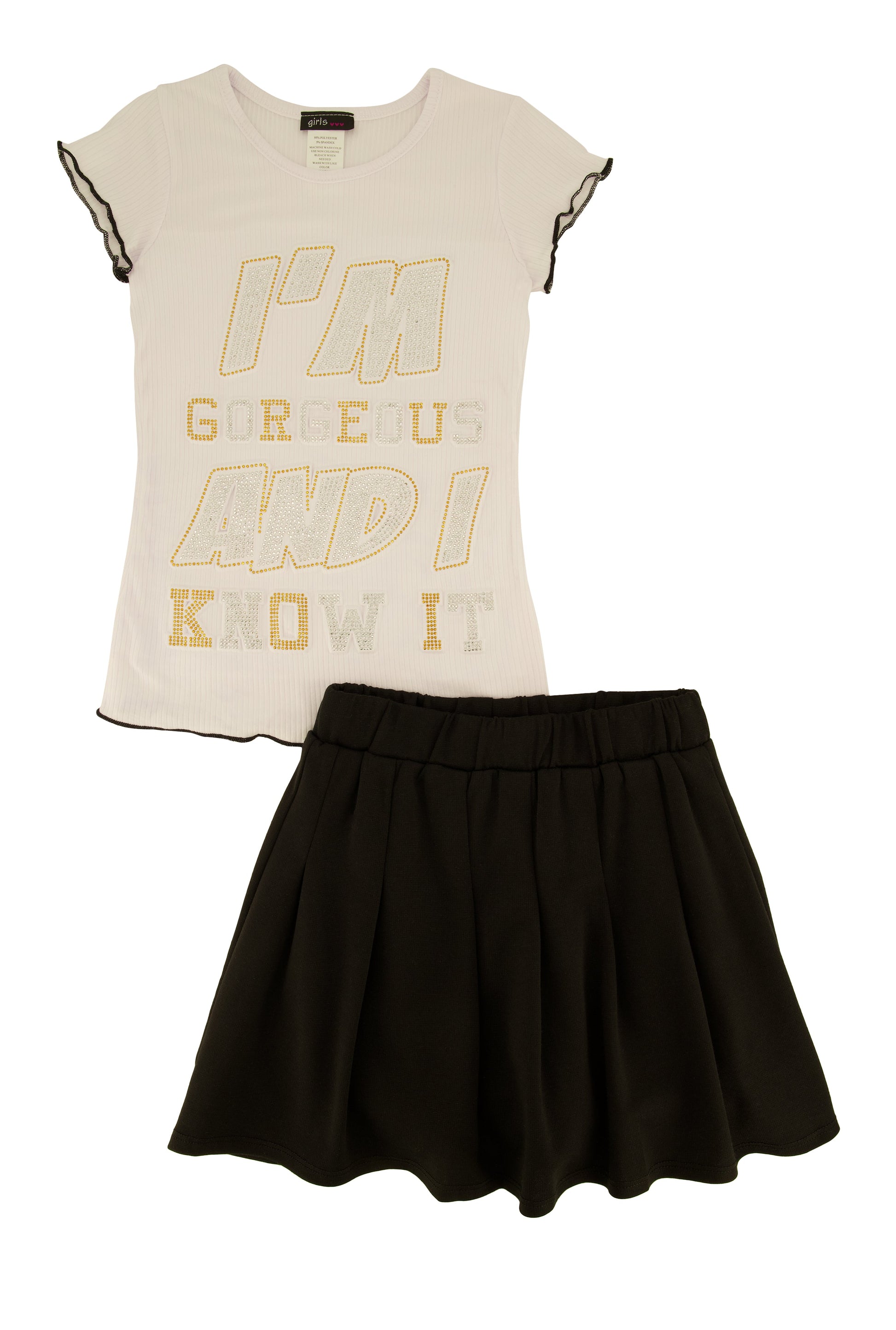 Little Girls Im Gorgeous 3D Graphic Tee and Pleated Skirt